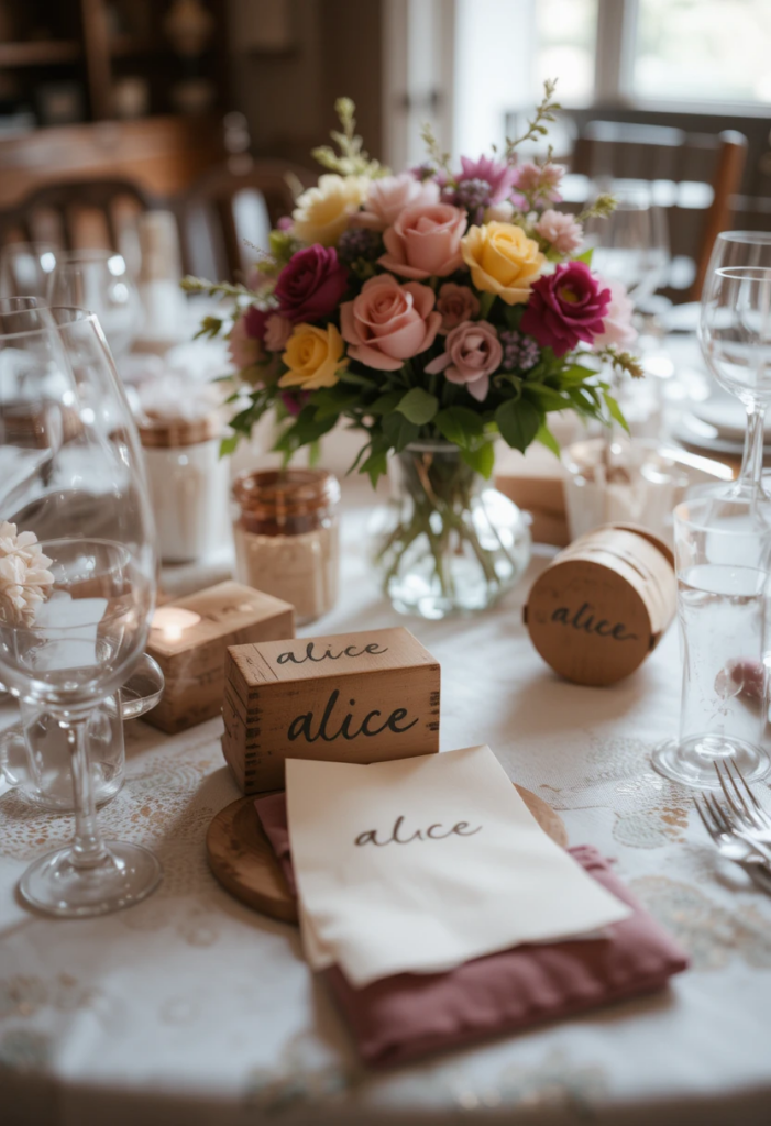 Wooden blocks with handwritten names acting as place cards on a beautifully styled dining table.
