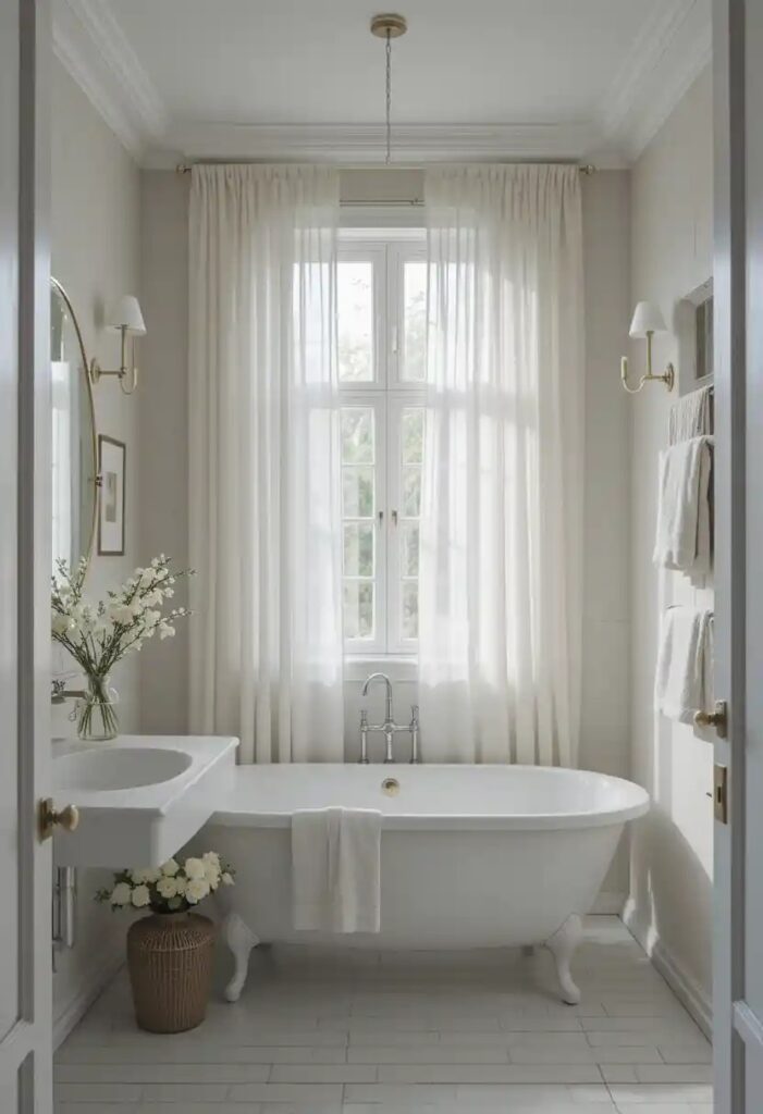 Sheer curtains in a Scandinavian bathroom, creating a bright and airy space.
