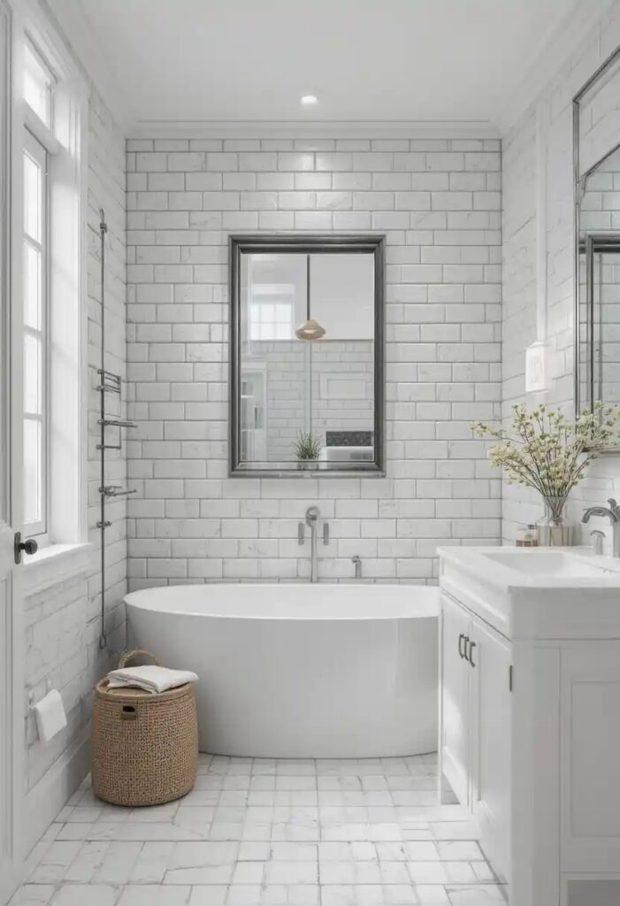 Textured white subway tiles in a Scandinavian bathroom for a modern touch. visually appealing