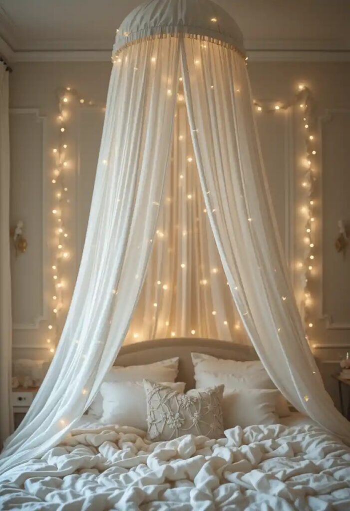 A dreamy bedroom with a white canopy draped over a cozy bed, soft fairy lights glowing in the background.