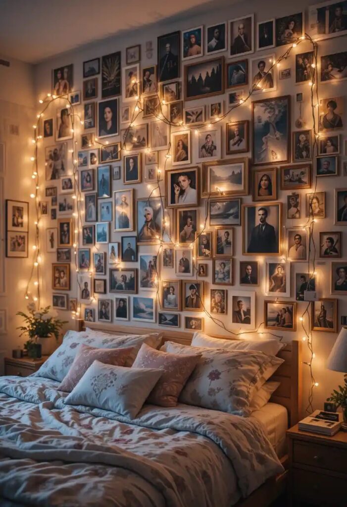 A bedroom wall covered in a collage of aesthetic pictures, fairy lights intertwined between them.