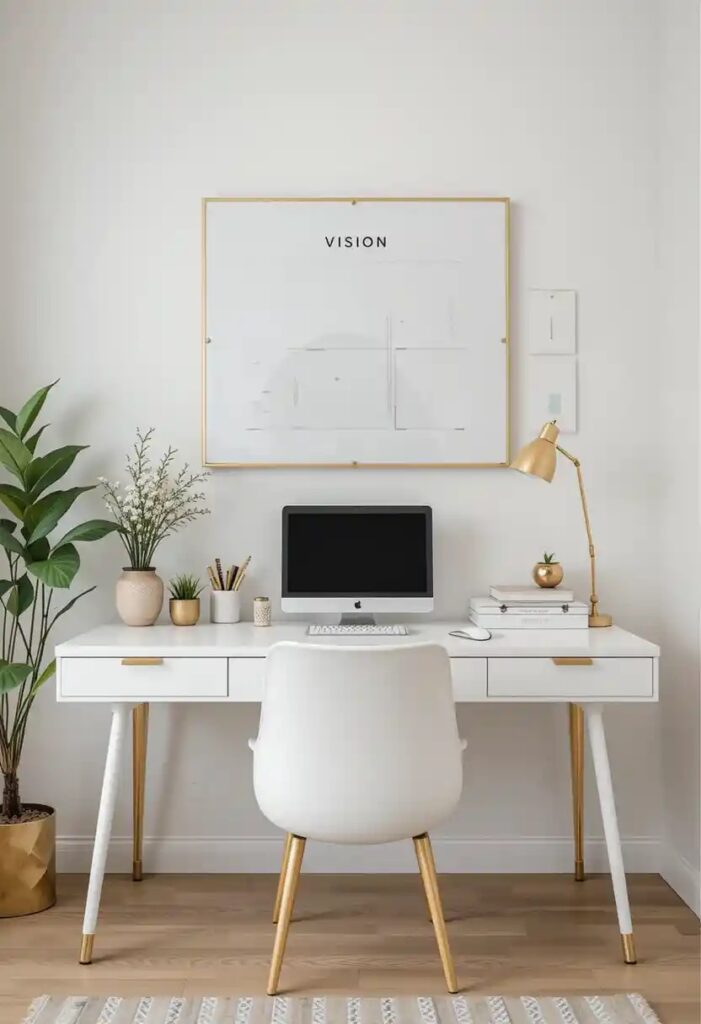 A modern minimalist desk setup with a white desk, gold accents, and a vision board above.
