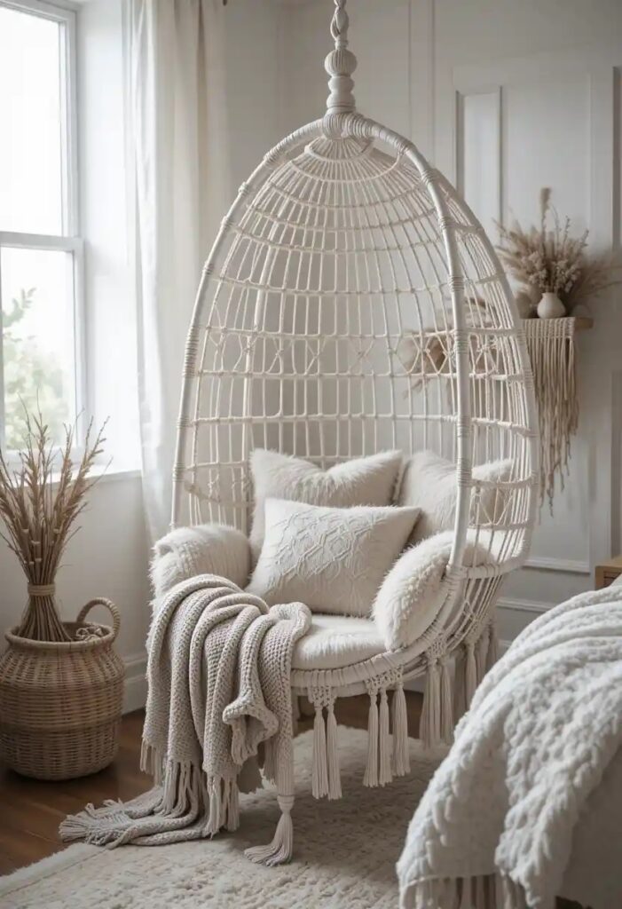 A cozy bedroom featuring a white macramé swing chair filled with plush cushions and blankets.
