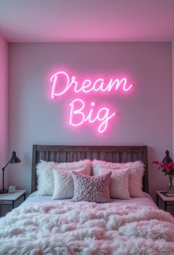 A teen bedroom featuring a soft pink neon sign that reads “Dream Big” above a fluffy bed.