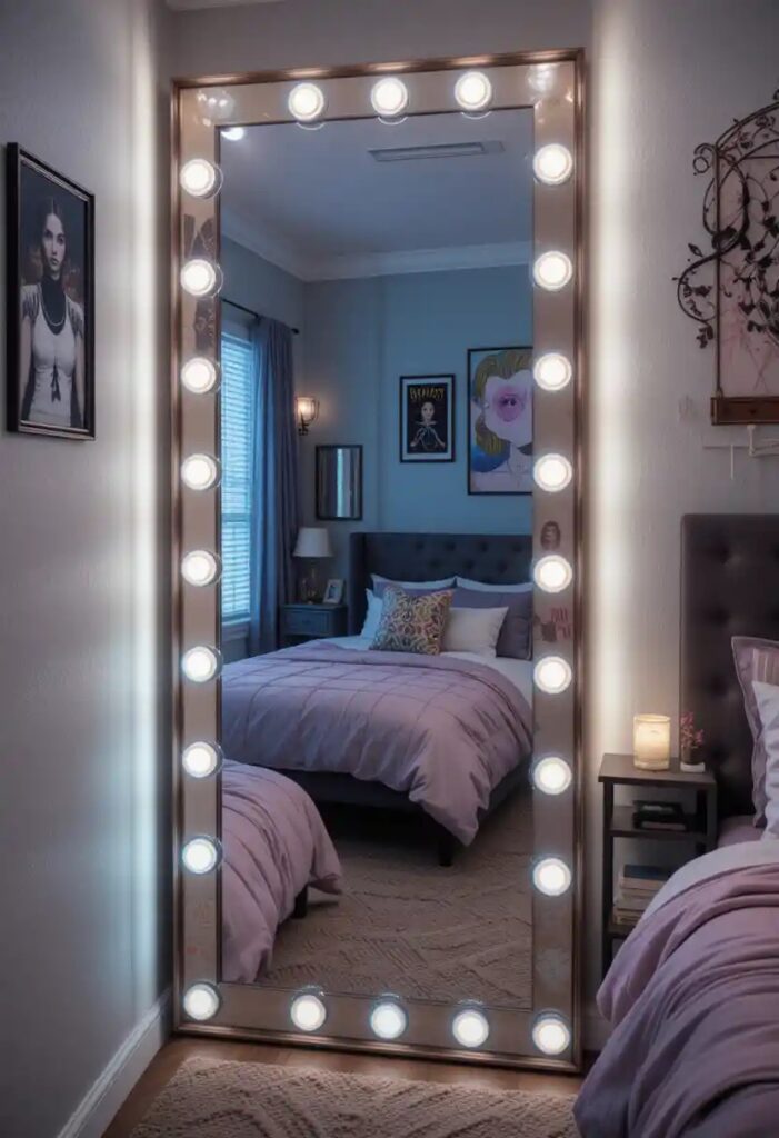 A bedroom corner with a full-length mirror surrounded by LED lights, reflecting a cozy bed setup.