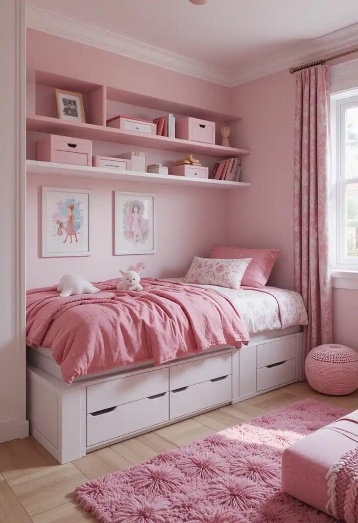 A teen bedroom with under-bed storage drawers, a clean aesthetic desk, and floating shelves above.