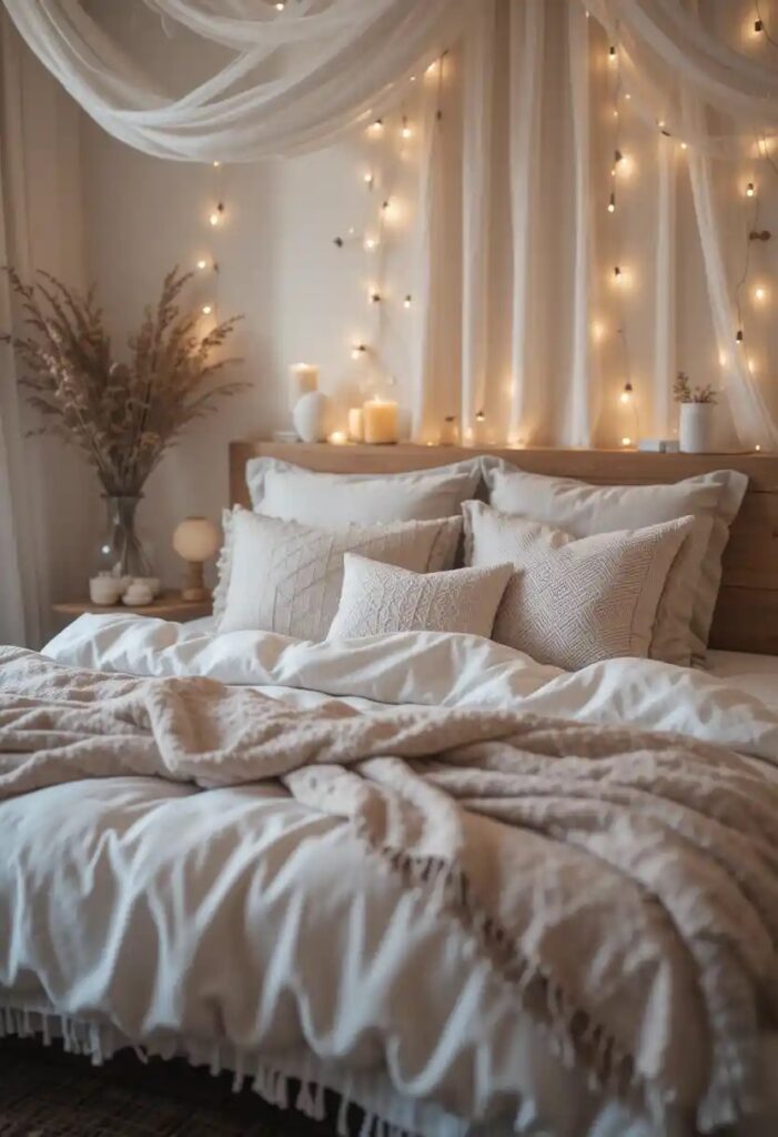 A dreamy boho-style bedroom with linen bedding, soft pillows, and fairy lights in the background.