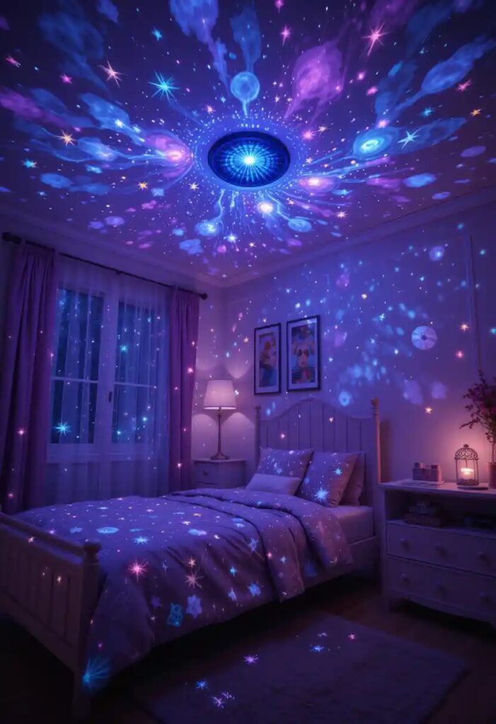 A bedroom lit up with a star projector, casting soft blue and purple galaxy patterns across the ceiling.