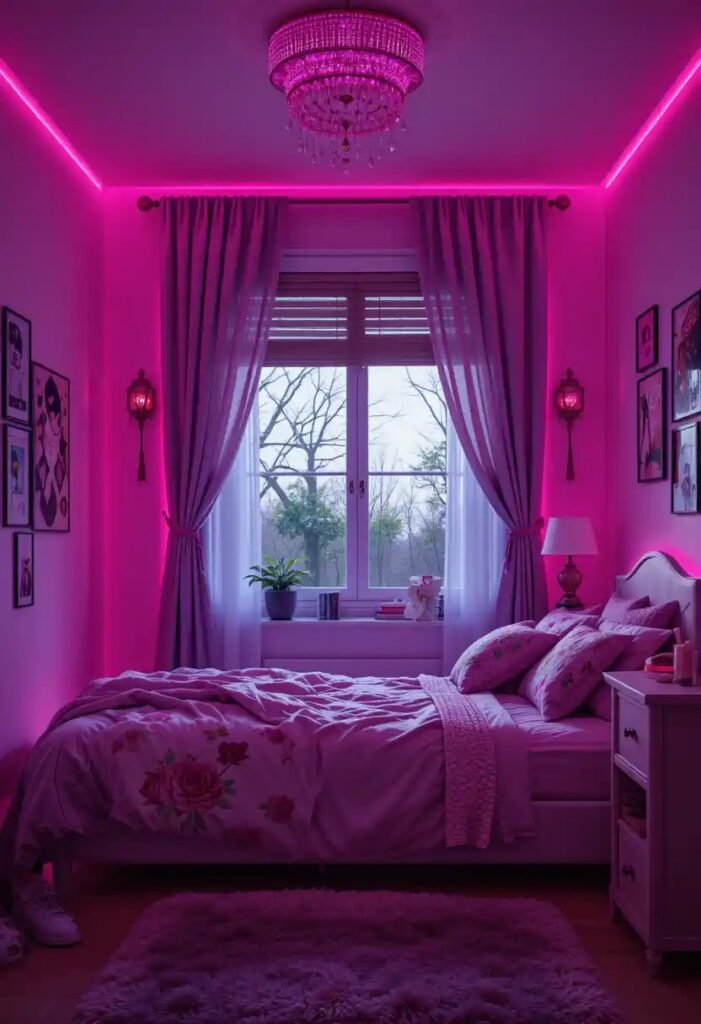 A teen bedroom with pink and purple LED lights casting a soft glow around the walls.