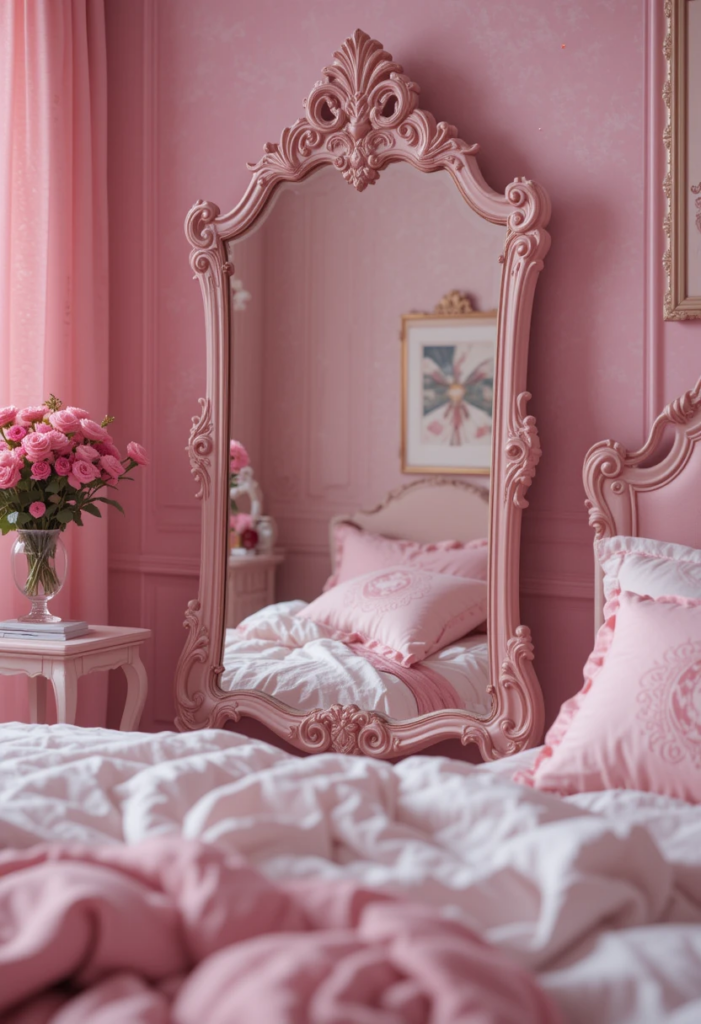 A cozy pink bedroom with a vintage mirror with pink details.