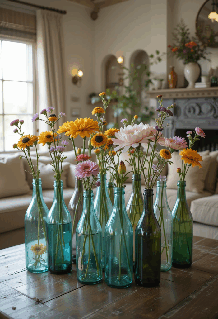 Group of upcycled glass bottles with flowers in a country living room.