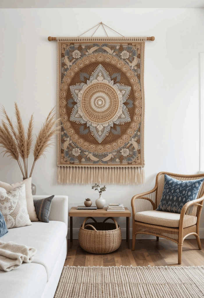 Woven tapestry on the wall in a country living room.