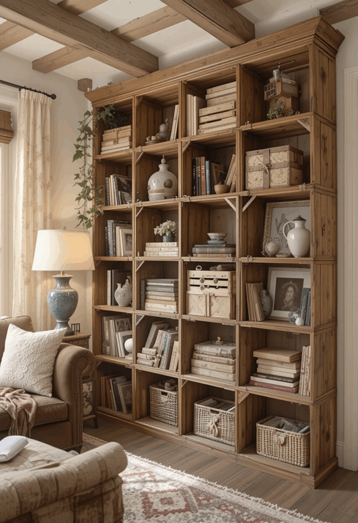 Wooden crates as open shelving in a country living room.