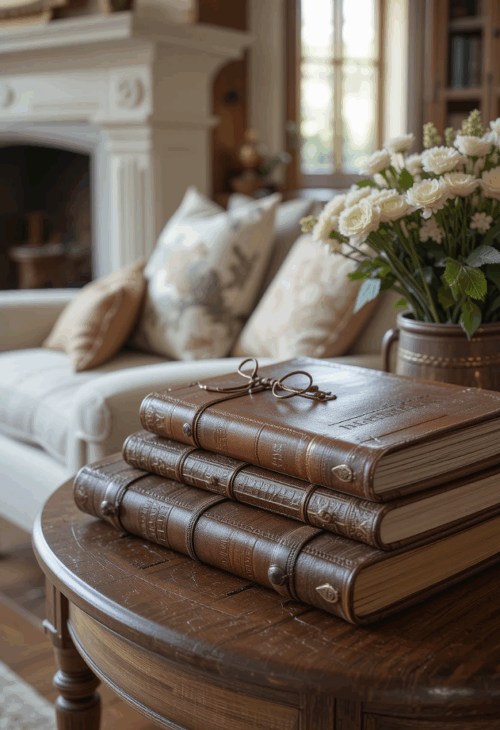 Leather-bound journals on a side table in a country living room.