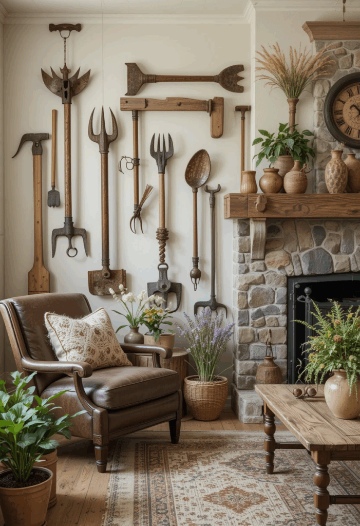 Repurposed farm tools on the wall in a country living room.