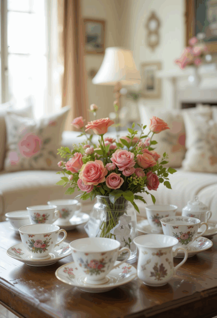 Mismatched tea cups displayed in a country living room.