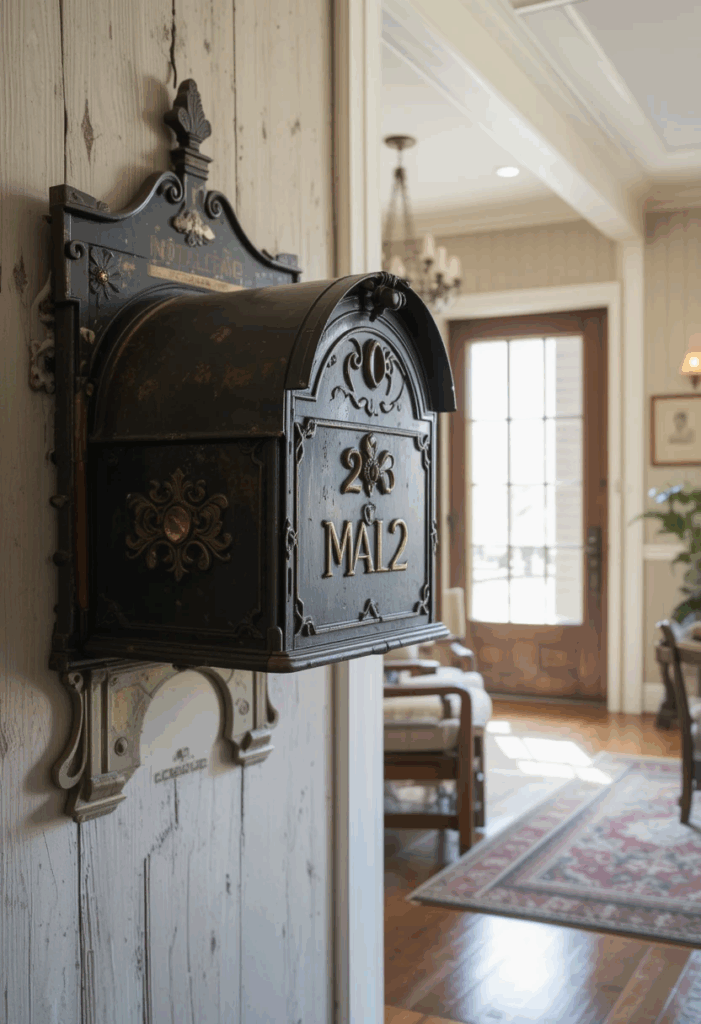Vintage mailbox hanging in a country living room near an entryway.