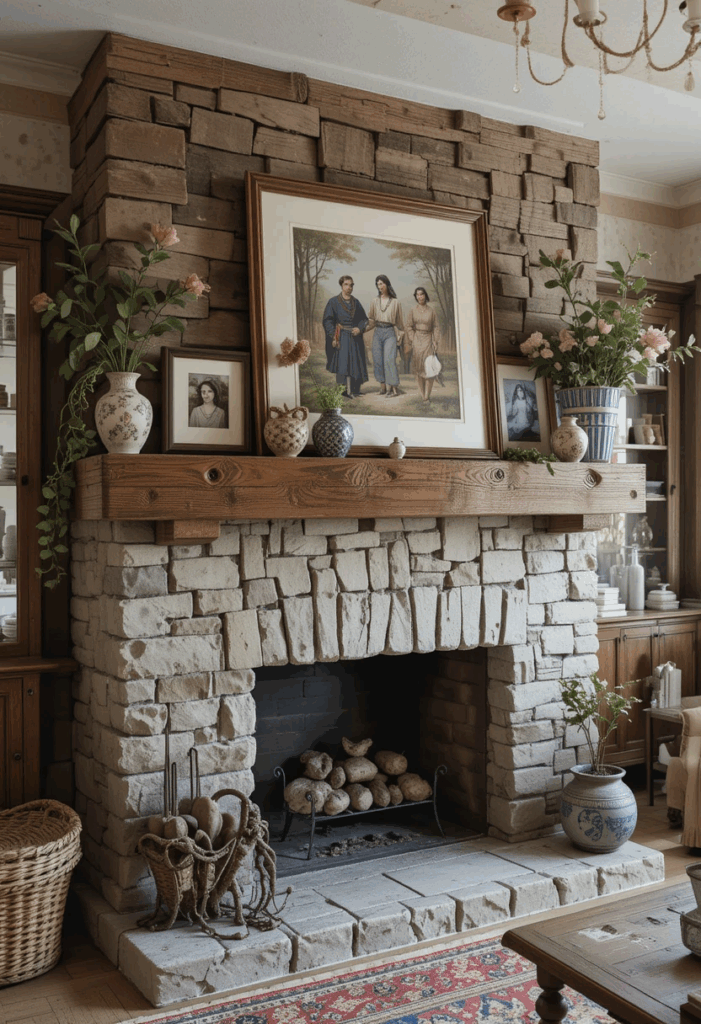 Reclaimed wood picture ledge in a country living room.