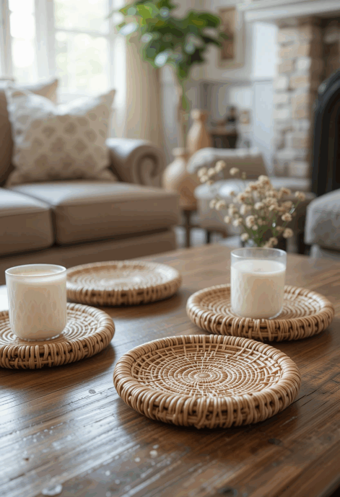 Handwoven rattan coasters on a coffee table in a country living room.