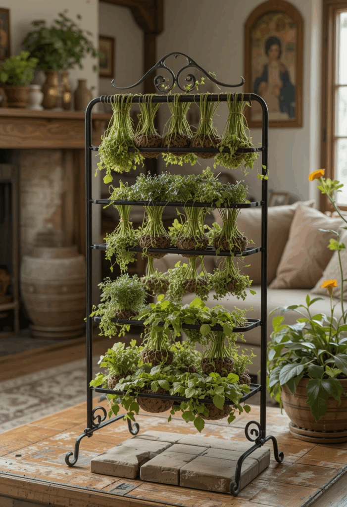 Herb drying rack with dried herbs in a country living room.