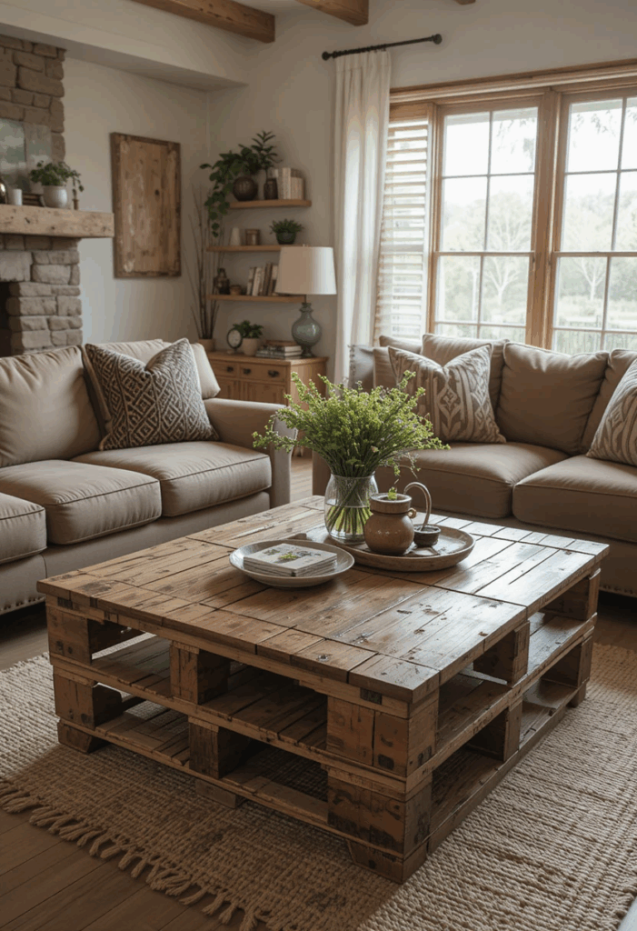 Rustic pallet coffee table in a country living room.