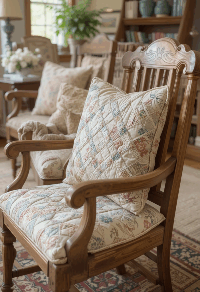Quilted chair cushions on wooden chairs in a country living room.