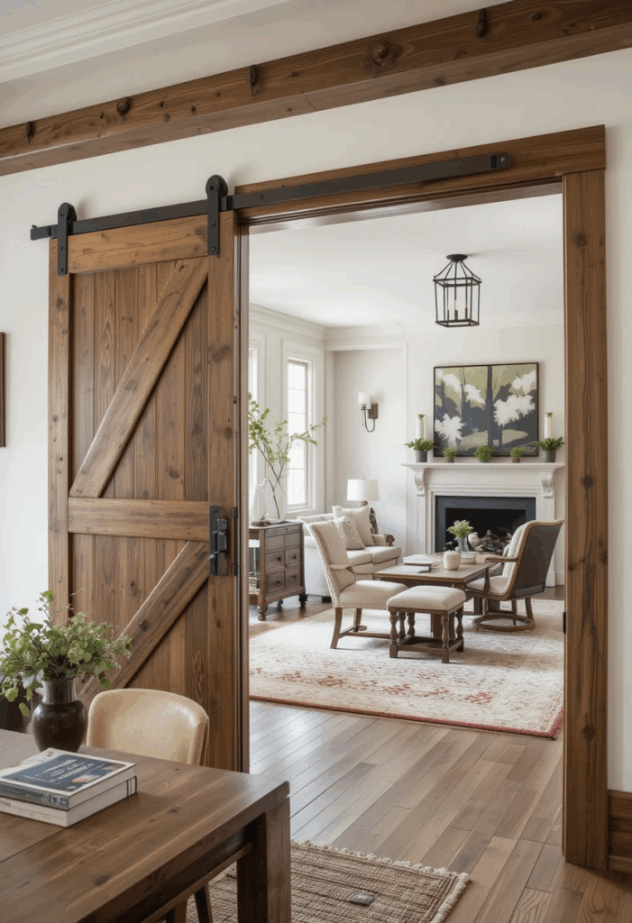 Sliding barn door room divider in a country living room.