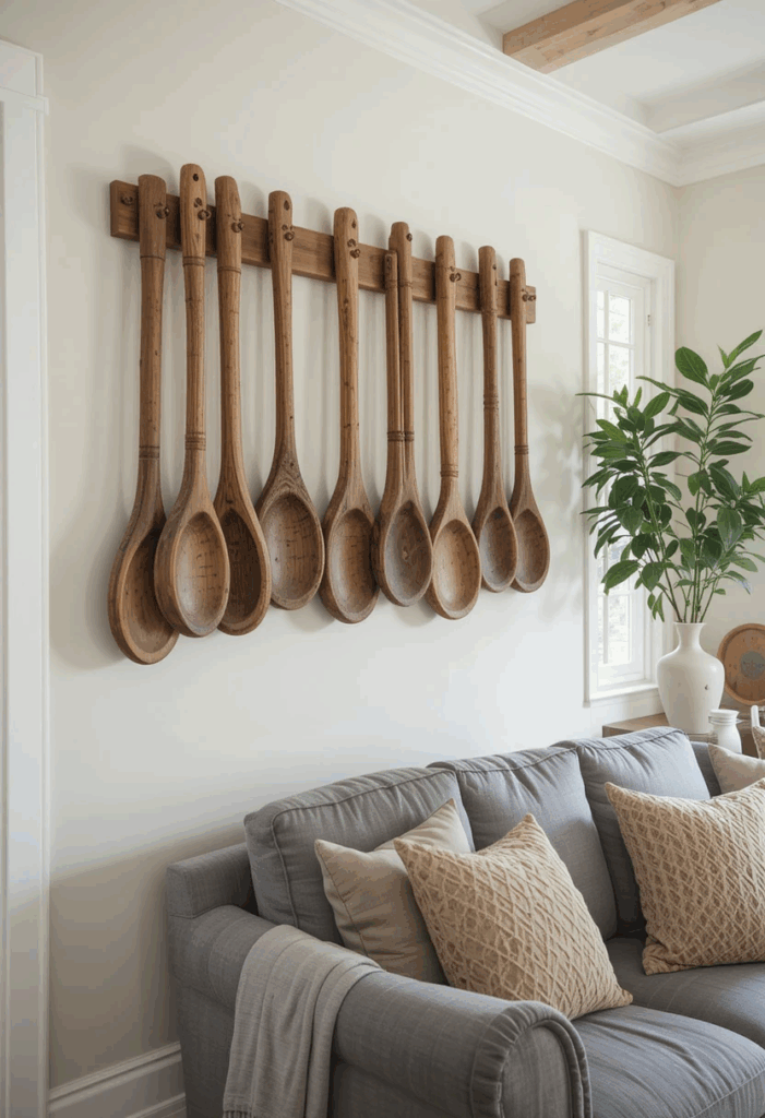 Wooden ladles hanging in a country living room as wall decor.