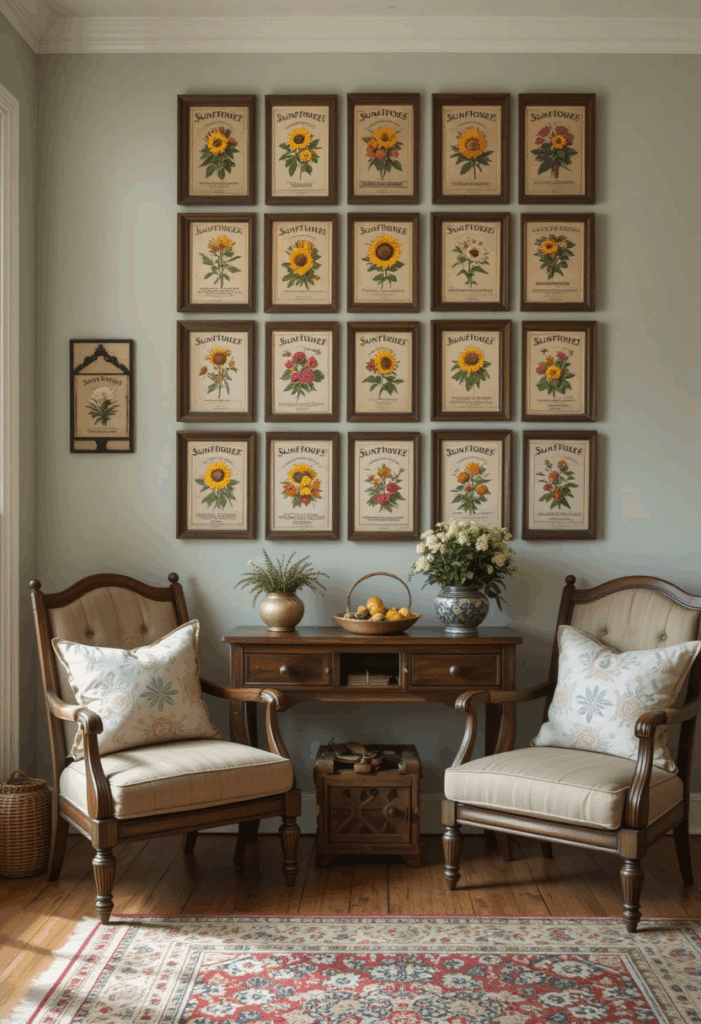 Framed vintage seed packets in a grid on the wall of a cozy country living room.