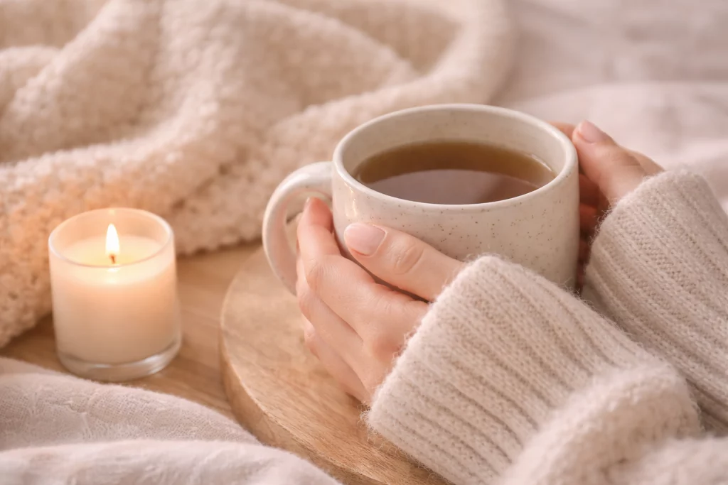 Cozy physical self-care ritual with blanket, candle, and warm drink
