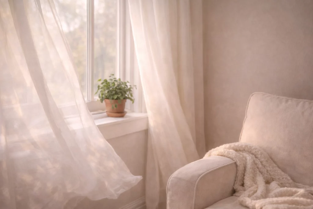 Soft, calm room with natural light representing rest during emotional exhaustion