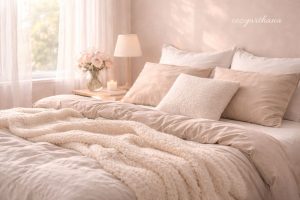 warm cozy bedroom corner with soft blankets and gentle sunlight