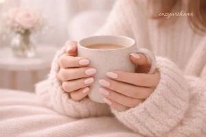 hands wrapped around a warm mug, creamy neutral tones, blurred background, feeling held, safe, and grounded in a cozy moment