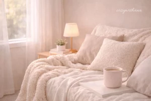 cozy room corner with pillows, soft lighting, and plant