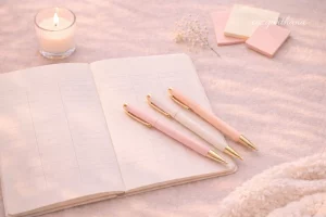 planner flat lay with pastel pens and soft lighting