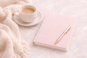 Soft cozy planner with coffee and pen for gentle, stress-free planning.