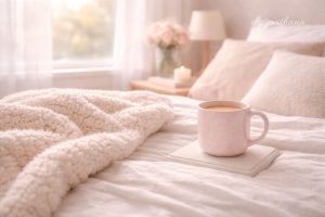 soft morning light over cozy bed and warm drink