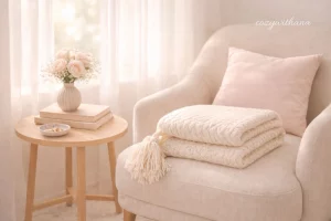 neutral chair near a window with a folded knit blanket, soft natural light, calm and cozy corner where nothing urgent exists